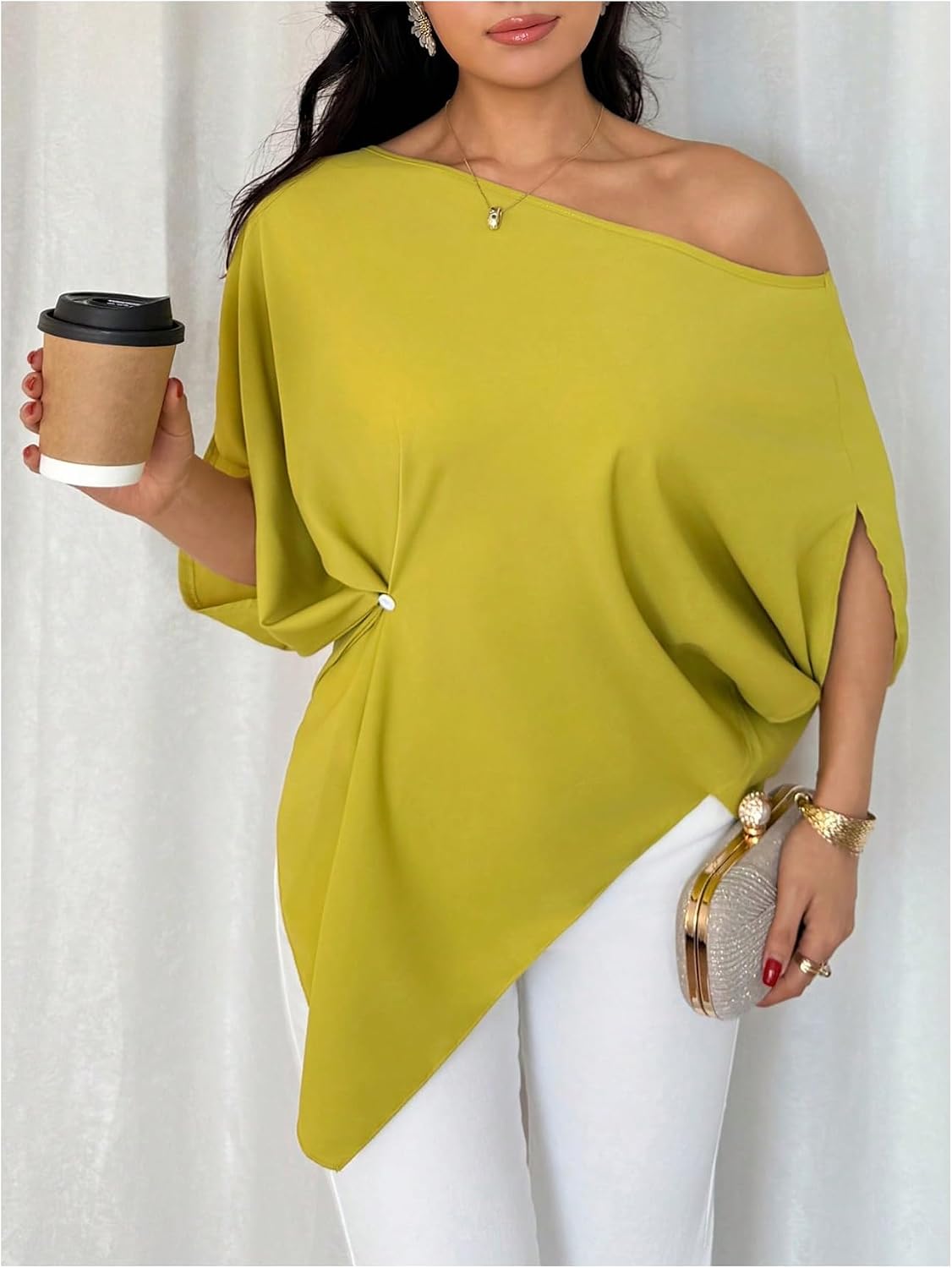 GORGLITTER Women's Off The Shoulder Asymmetrical Tops Dressy Dolman Sleeve Ruched Going Out Blouse Poncho Shirts