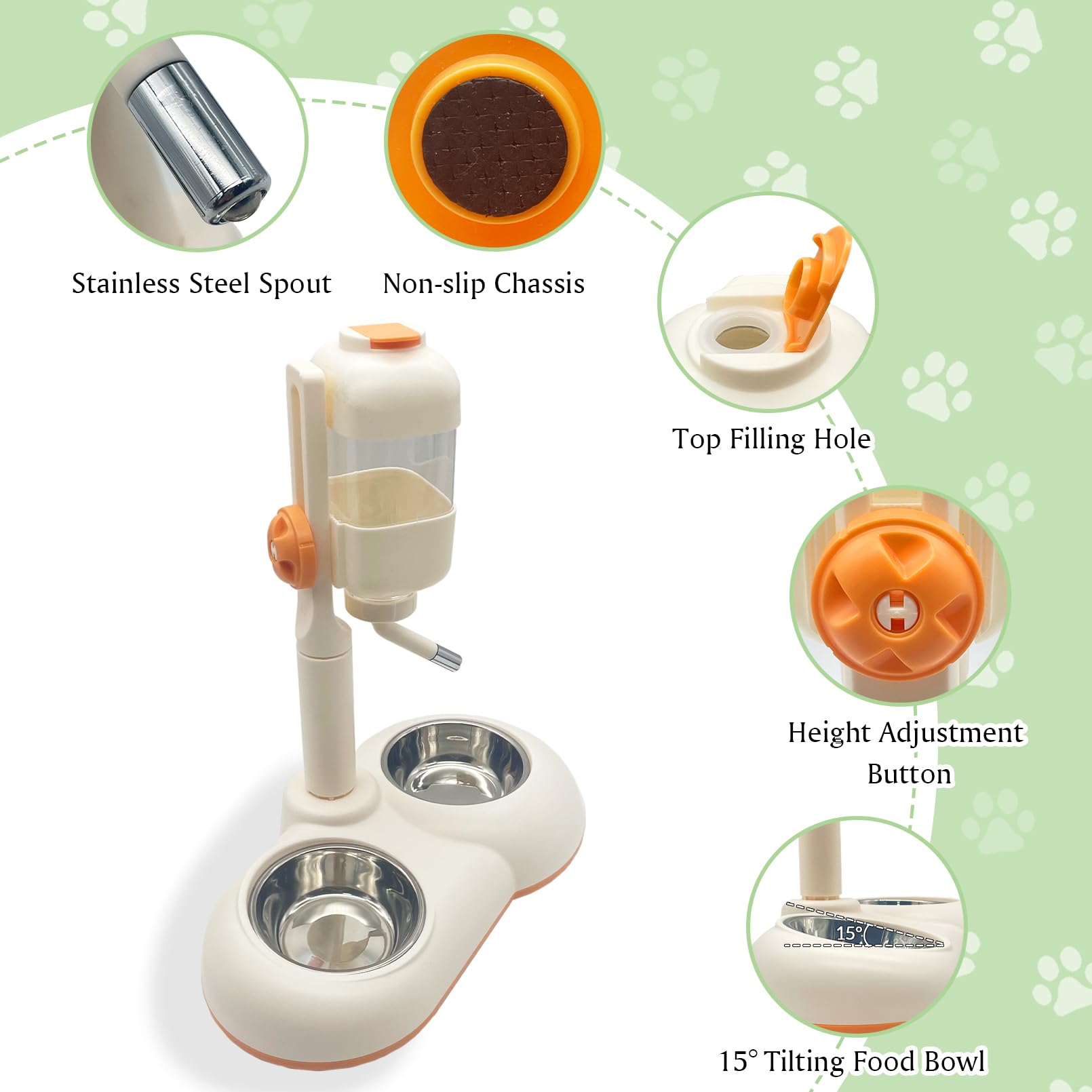 Fhiny Dog Water Feeder Bottle with Stand, Double Bowl Adjustable Automatic Dispenser Water Food for Kennel Leak-Proof No-Drip Pet Slow Water Bottle for Indoor Puppy Durable Drinker (White, 29 oz)