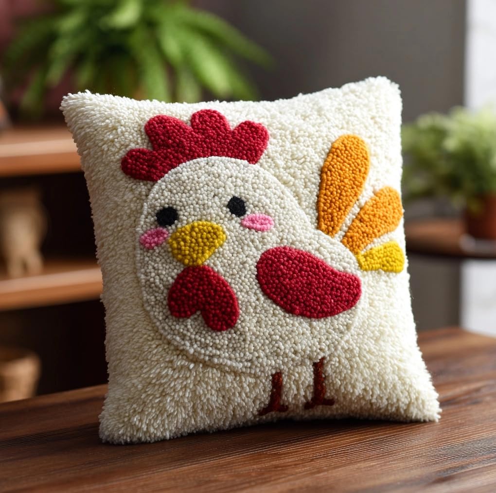 Taxpy Animal Latch Hook Cushion Kit, Smiling Chicken Knitting Kits Cushion, 43X43Cm/17X17 Inch Rug Making Kit for Starters, Latch Hook Kits for Beginners Adults Or