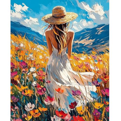 NEWENMO Hermosa Mujer Pintar por Numeros Adultos,Coloridas Flores Pintura por Numeros Kit,DIY Paisaje Paint by Numbers Kits,con Pinceles y Pigmento Acrílico,para Principiantes Hogar Decor 40x50cm ⭐