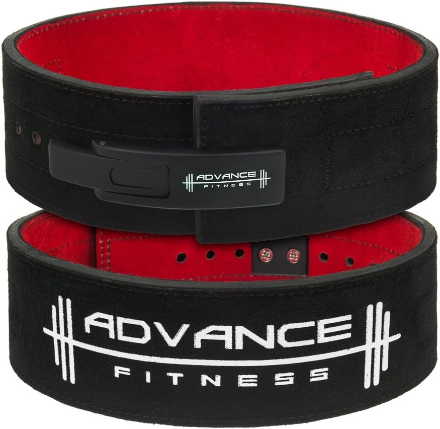 Advance Fitness 4" Weight Lifting Lever Belt - Men's Black/Red Leather - great for body building, cross fit, power lifting, general gym training, deadlifting and squatting