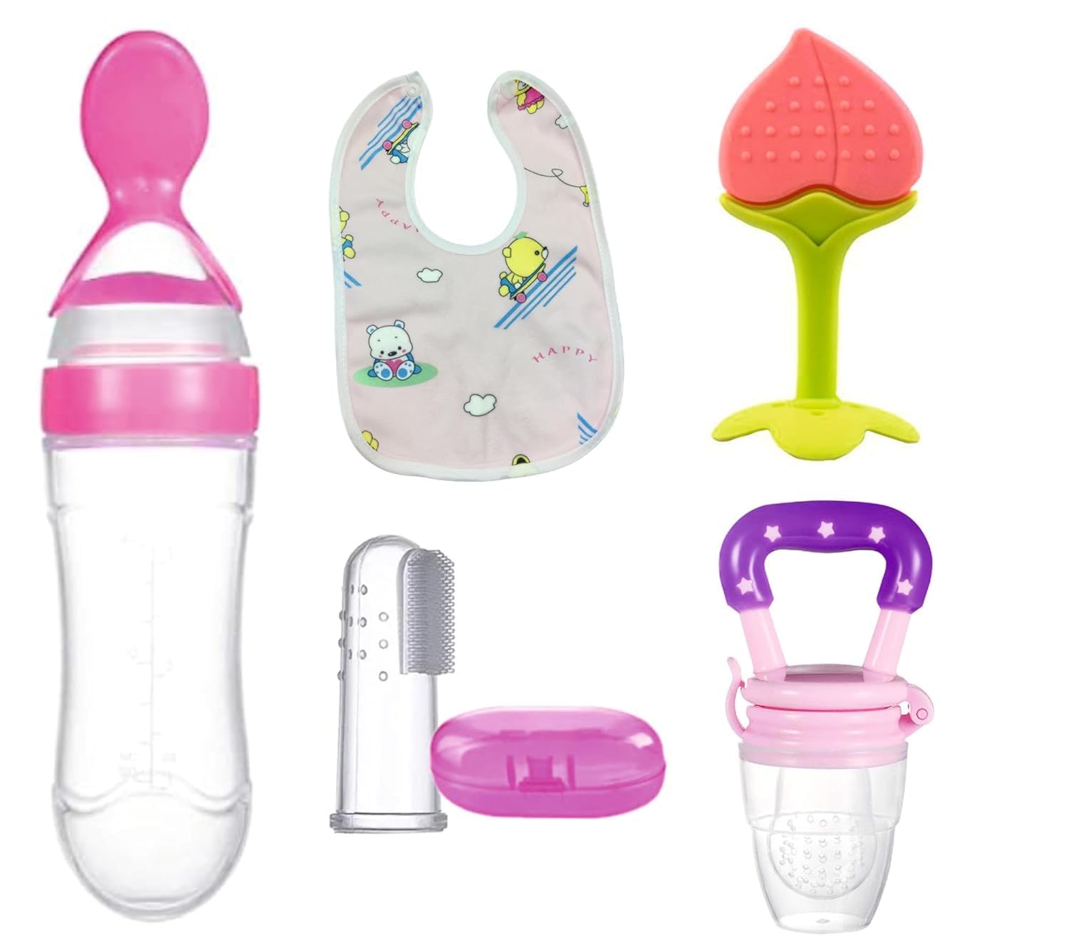 Silicone Baby Food Dispensing Spoon Bottle 90ML 1pc, Fruit Feeder/Nibbler/Pacifier 1pc, Fruit Shape Teether 1pc, Finger Tooth Brush 1pc and Baby bib 1pc (Pack of 5) (Pink)-image-32