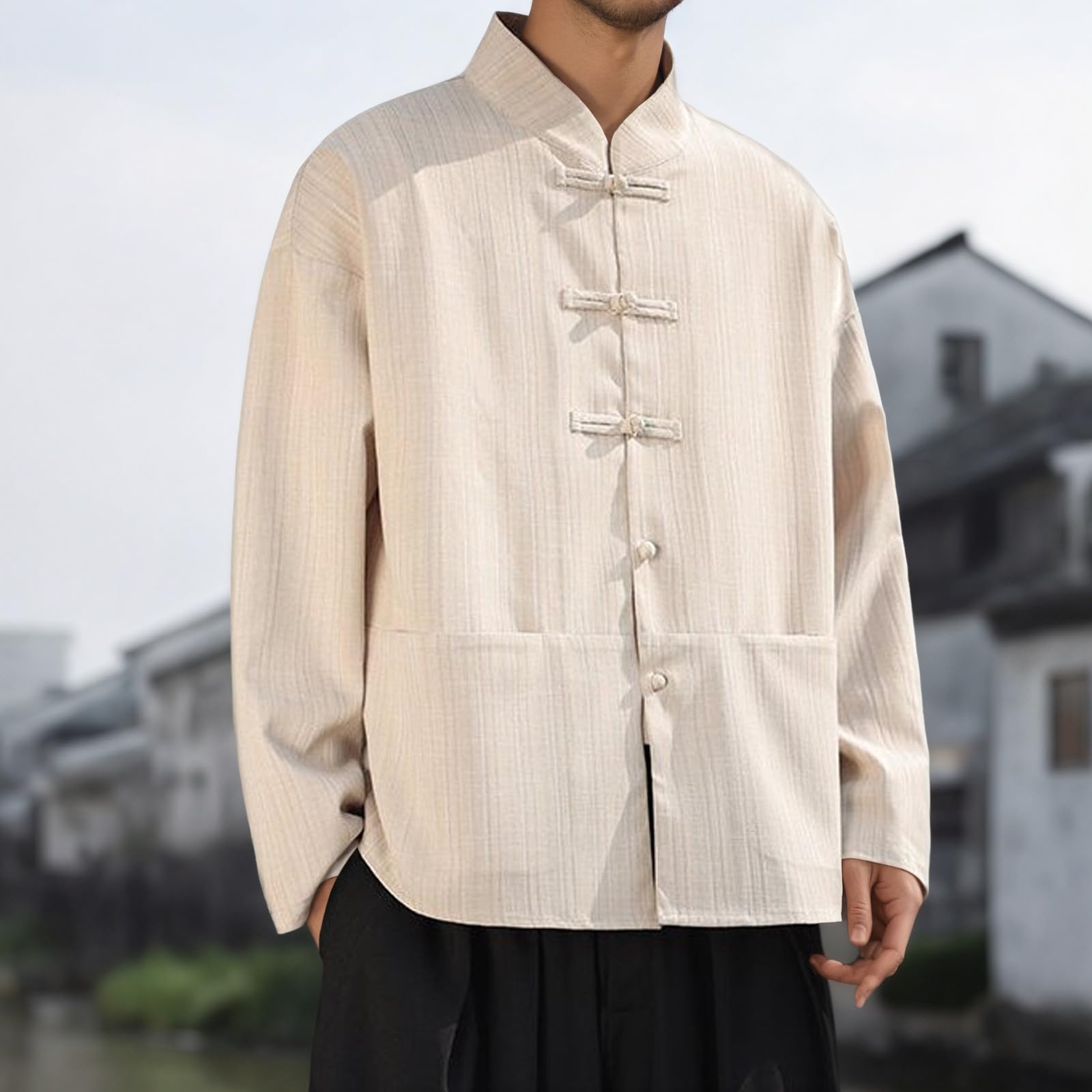 Costume tang pour homme - Blazer en lin pour le printemps et l'été - Veste de costume simple - Bouton cranté - Veste avec poche - Style rétro traditionnel - Mélange coton et lin - Col montant