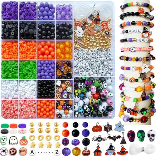3140Pcs Halloween Beads for Bracelet Jewelry Making Kit Halloween Clay Beads Black White Orange Purple Pumpkin Round Letter Star Skull Bead Bulk with Ghost Witch Hat Charm for DIY Craft Earring