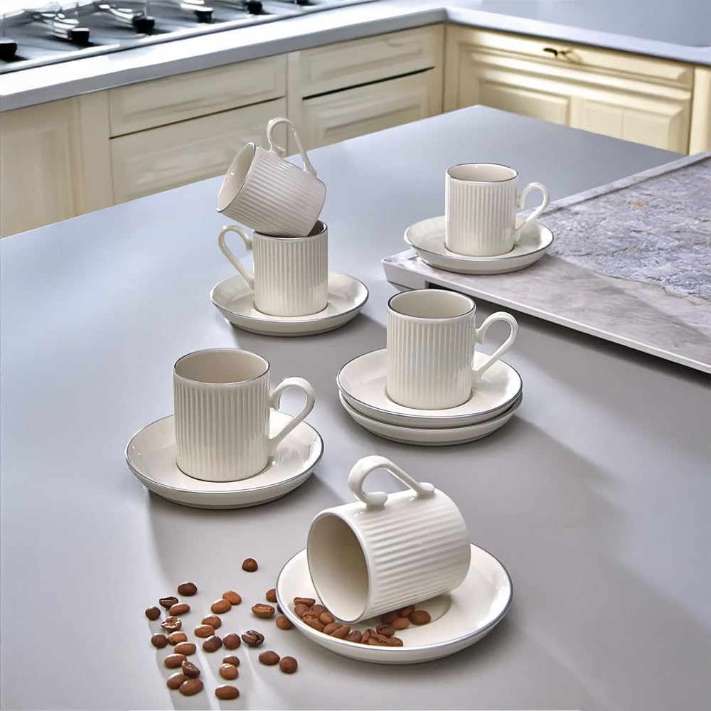 Juego de 12 tazas de café espresso de porcelana, 100 ml, diseño de rayas plateadas, para 6 personas, elegante set de regalo