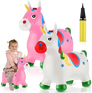 2 Packs Unicorn Bouncy Hopper Horse Hopper with Pump Horse Bouncing Hopper Pink Unicorn Hopper Bouncer Bouncing Animal Toys for Boys Girls Indoor Outdoor, Pink and White
