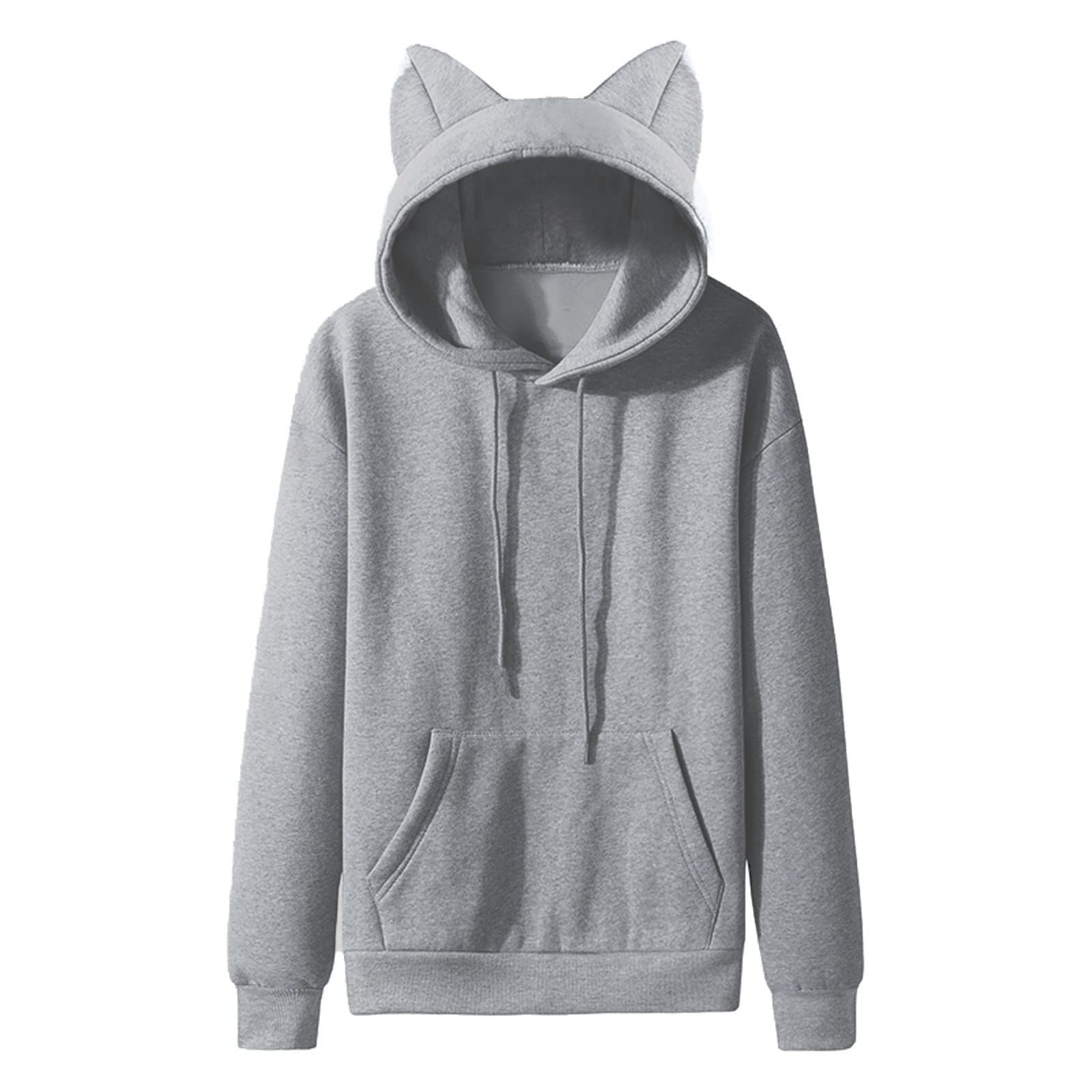 Hoodies for Men UK Casual Solid Pullover Cat Ears Hooded Fleece Pocket  Sweatshirt Cute Loose Hoodie