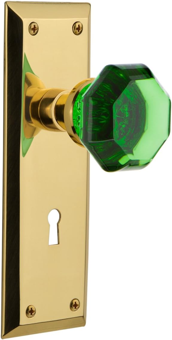 Nostalgic Warehouse 721870 New York Plate with Keyhole Passage Waldorf Emerald Door Knob in Polished Brass, 2.75
