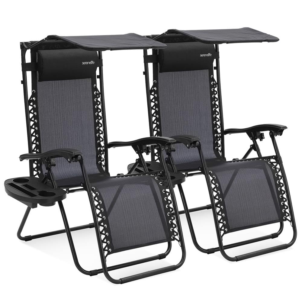SereneLife Zero Gravity Lounge Chair, Adjustable Steel Mesh Recliners, with Canopy, Removable Pillows and Cup Holder Side Tables, Set of 2, Black