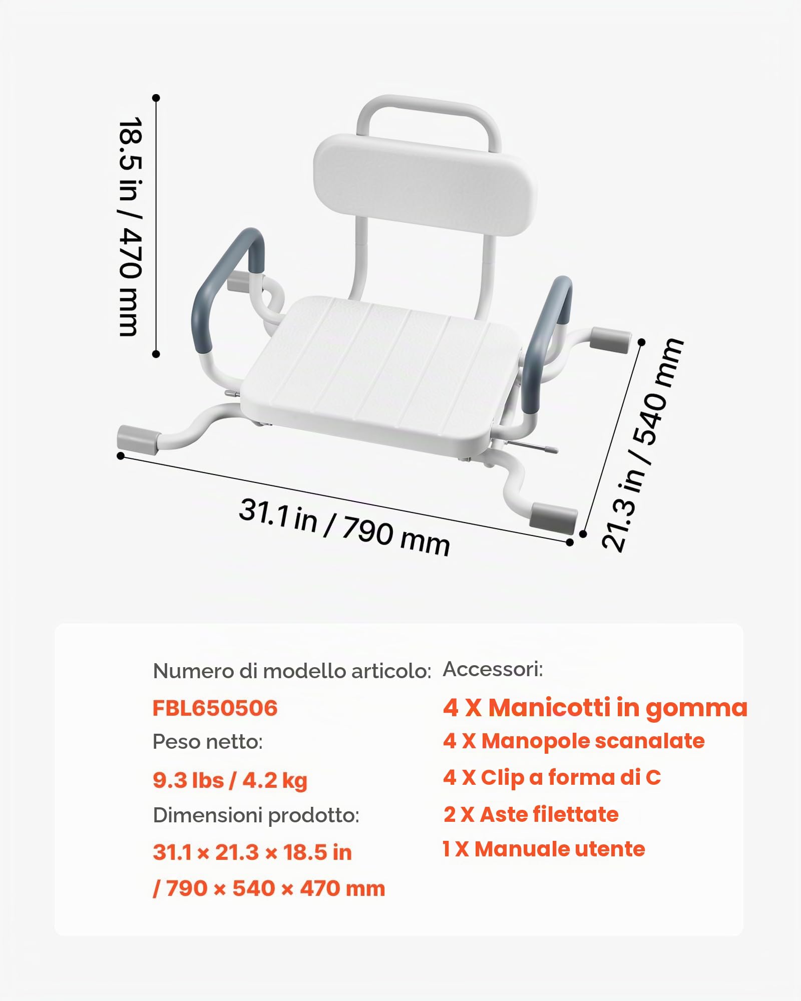 VEVOR Sedia Girevole da Doccia con Braccioli Schienale, Sedile per Trasferimento da Vasca da Bagno Girevole Carico max 100 kg, Sedia per Bagno Doccia Regolabile per Anziani Pazienti, Sedile Ausiliare