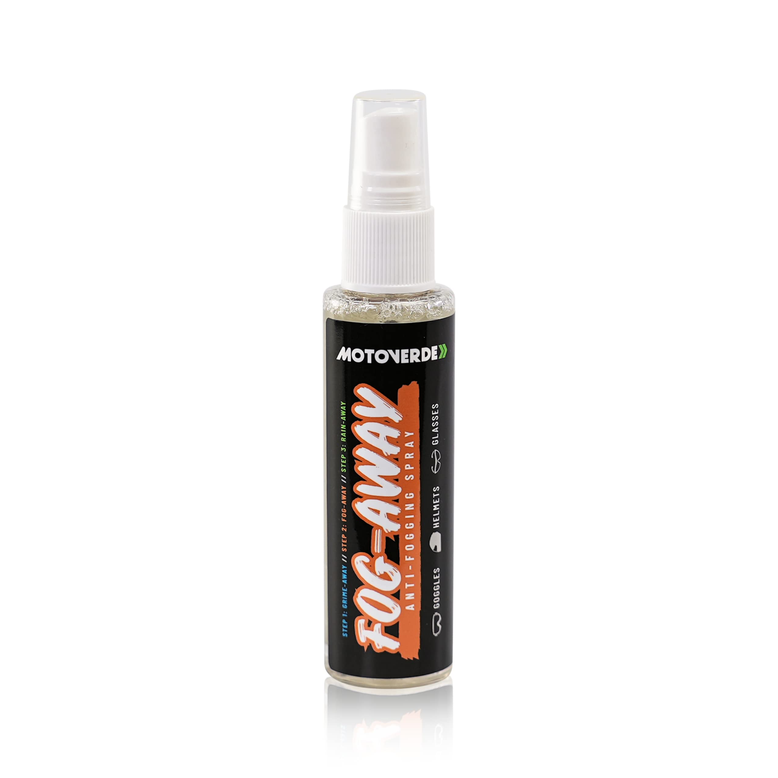 Motoverde Fog Away, 75ml - Premium Anti fog spray, de-misting treatment for motorcycle helmet visors, goggles, glasses, windscreens, and mirrors. Prevents steaming up, heat condensation.