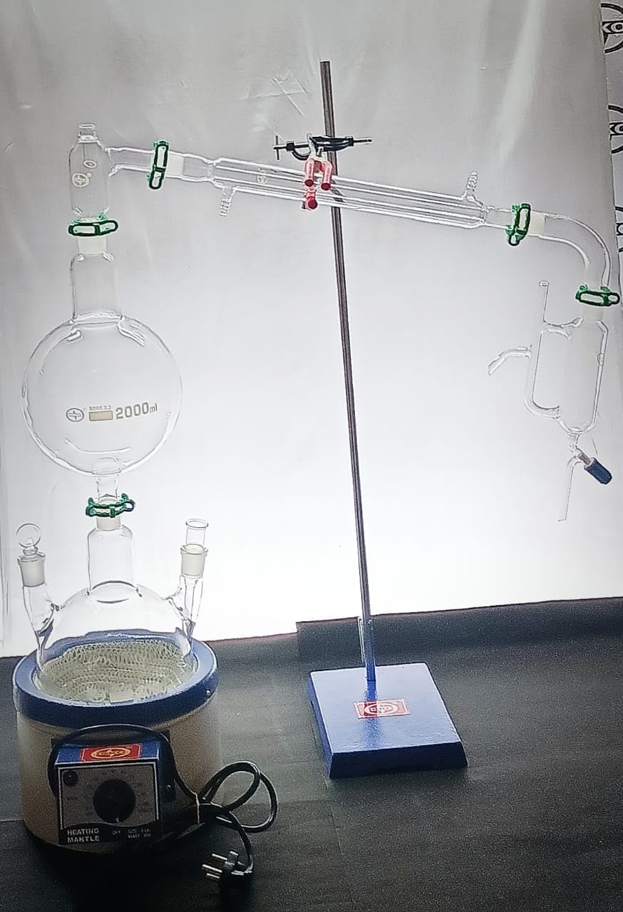 ISKO ® Borosilicate glass Steam Distillation apparatus complete set with stand Heating Mantle, GLASS PARTS and Heating Mantle (10000)