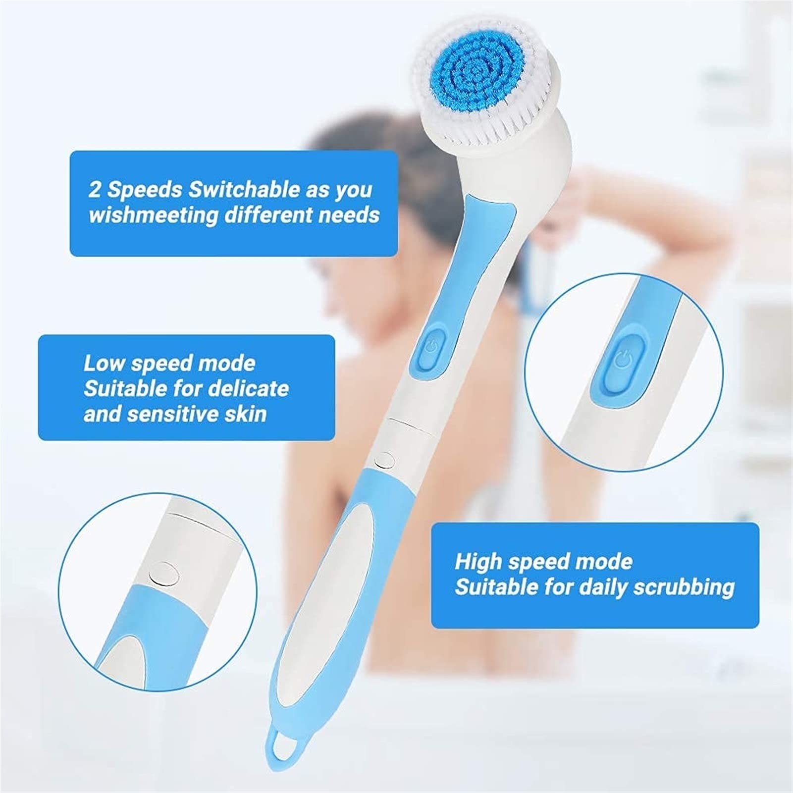 GeRRiT Ensemble de brosses de bain électriques, brosse corporelle en silicone étanche avec 4 têtes de brosse rotatives, brosse de douche for épurateur de bain facial exfoliant SPA, brosse dorsale à lo