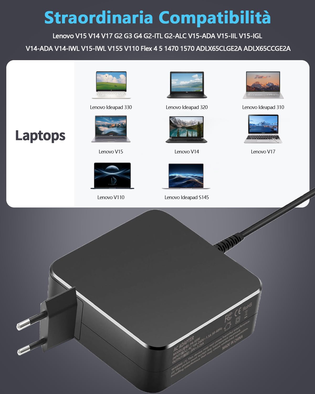 65W Caricatore PC Portatile Alimentatore per Lenovo V15 V14 V17 G2 G3 G4 G2-ITL V15-ADA V15-IIL V15-IGL V14-ADA V14-IWL V15-IWL V155 V110 Flex 4 5 ADLX65CLGE2A ADLX65CCGE2A Caricabatterie