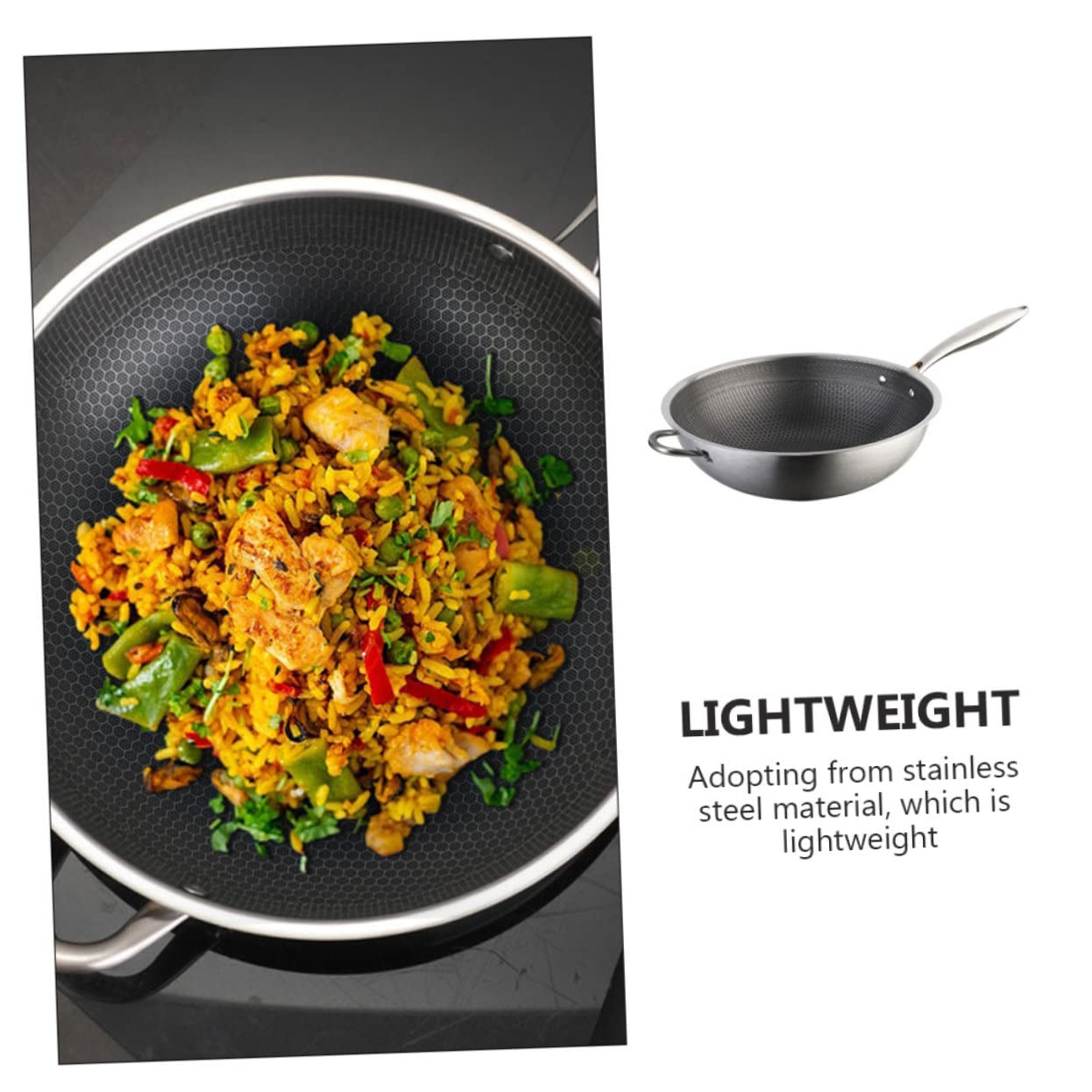 Edelstahl Wokpfanne mit Wabenstruktur und Griffen für Braten | Silber, Leichte Ausführung mit Gleichmäßigem Boden, Schlichtes Design für Steaks und Kartoffeln