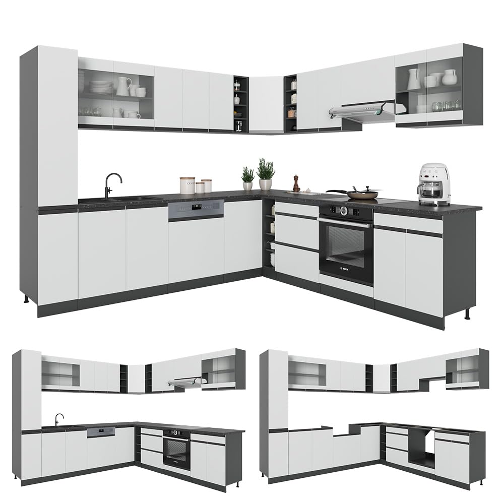 Vicco Eckküche R-Line, Weiß/Anthrazit, 277 x 257 cm J-Shape, AP Anthrazit, zur flexiblen Zusammenstellung und Erweiterung geeignet