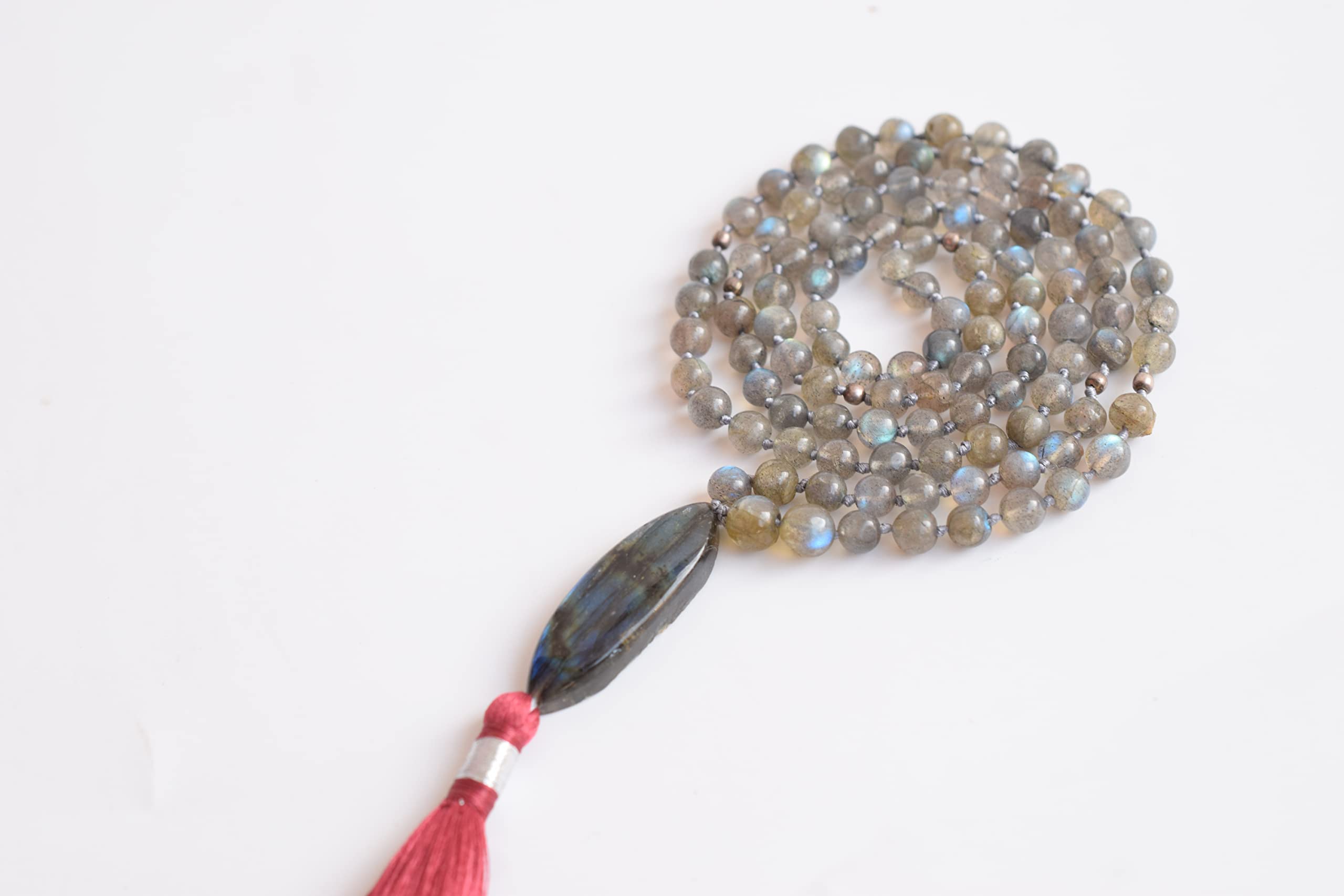 Vaibhav Jewellers A++ Collar Mala de labradorita natural con colgante de marquesa | Flash azul, protección contra ataques psíquicos, 108 cuentas Mala, Mala Yoga Mala personalizada, 84 cm, Gema,