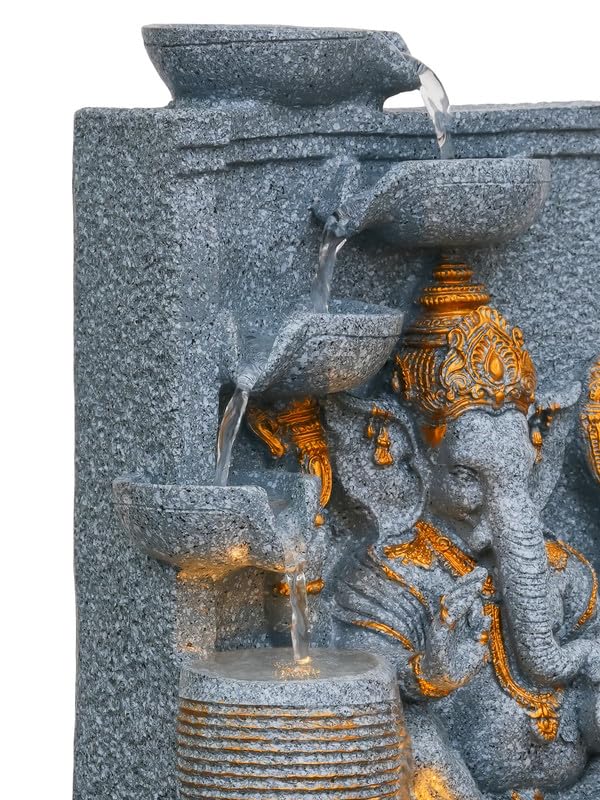 Image of Polyresin Grey Ganesha Idol Tabletop Indoor 4 Diya Steps Water Fountain for Home Decor with Yellow LED Light & Water Flow Controller Pump (Size: 39 x 29.5 x 22CM | Wt: 2195grm)