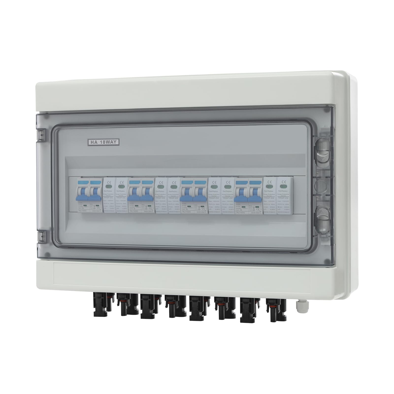 Rozdzielacz łańcuchów PV, 4 struny, DC 1000 V, prąd znamionowy 15-25 - 40 A na string, IP65 do montażu na zewnątrz, zintegrowane zabezpieczenie przed przepięciem typu 2, solarna skrzynka