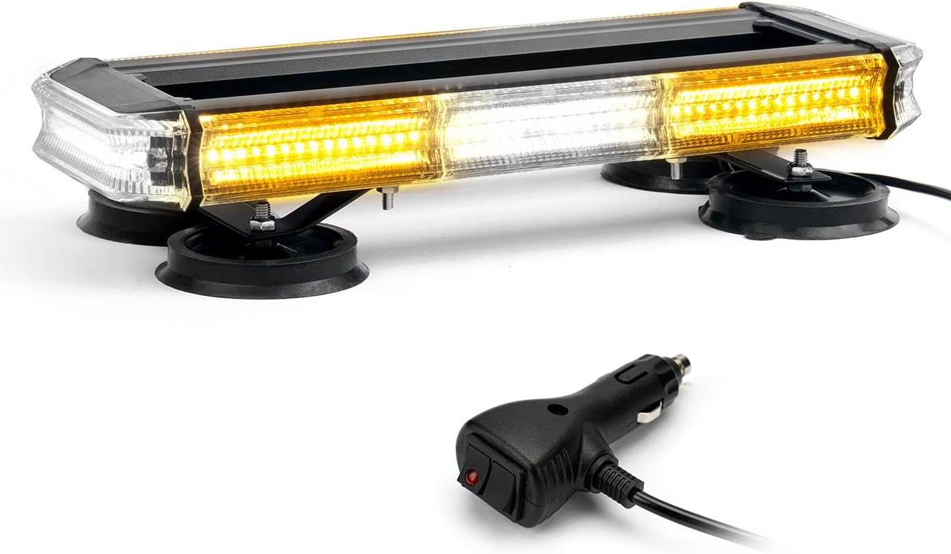 Xprite 14 inch 120 LED Rooftop Emergency Strobe Light Bar Heavy-Duty Flashing Warning Lights w/Adjustable Mounting Brackets, for Construction Vehicles Towing Work Trucks Plows Pickup - White Amber