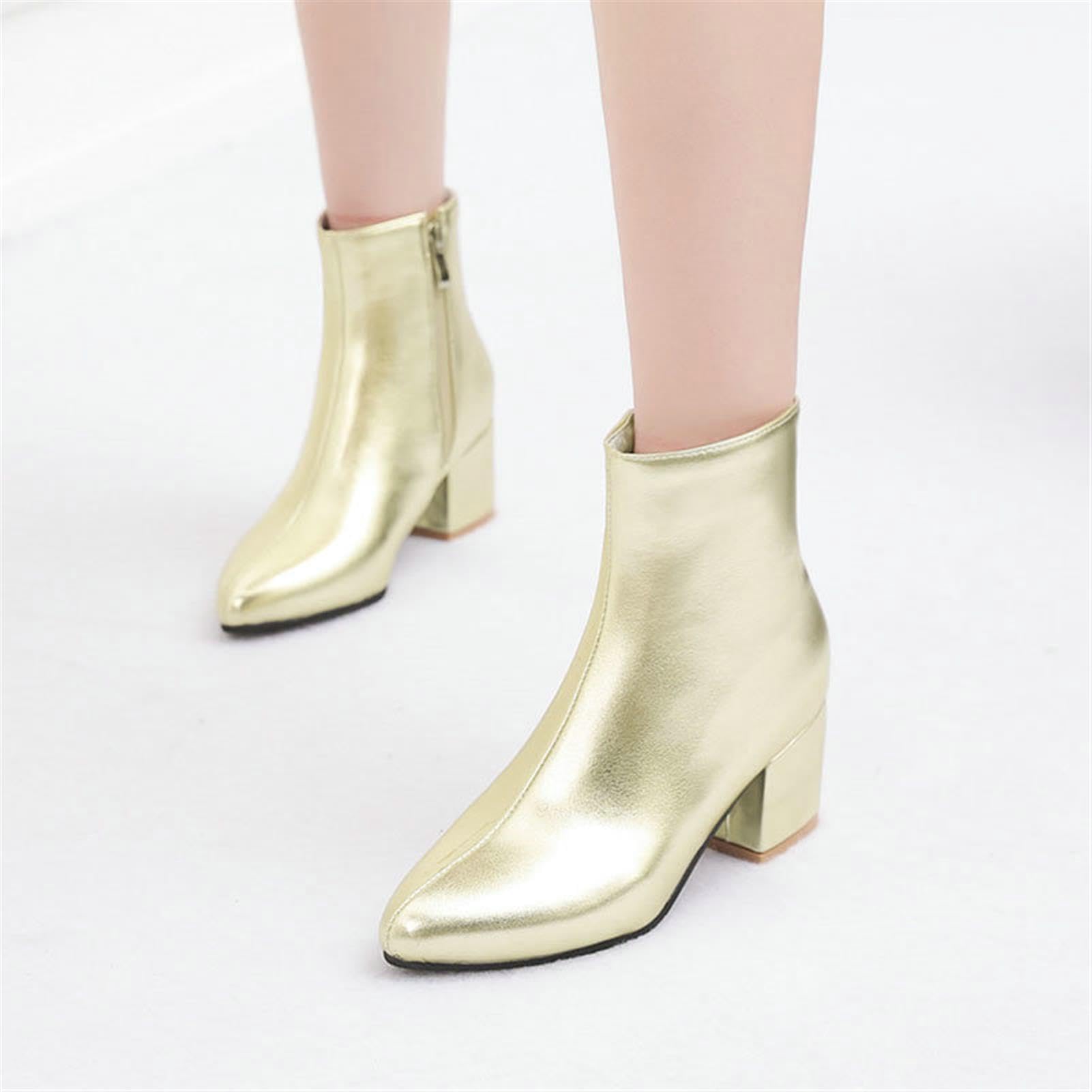 Botines Mujer Tacon Ancho Punta Cremallera Lateral De Tendencia