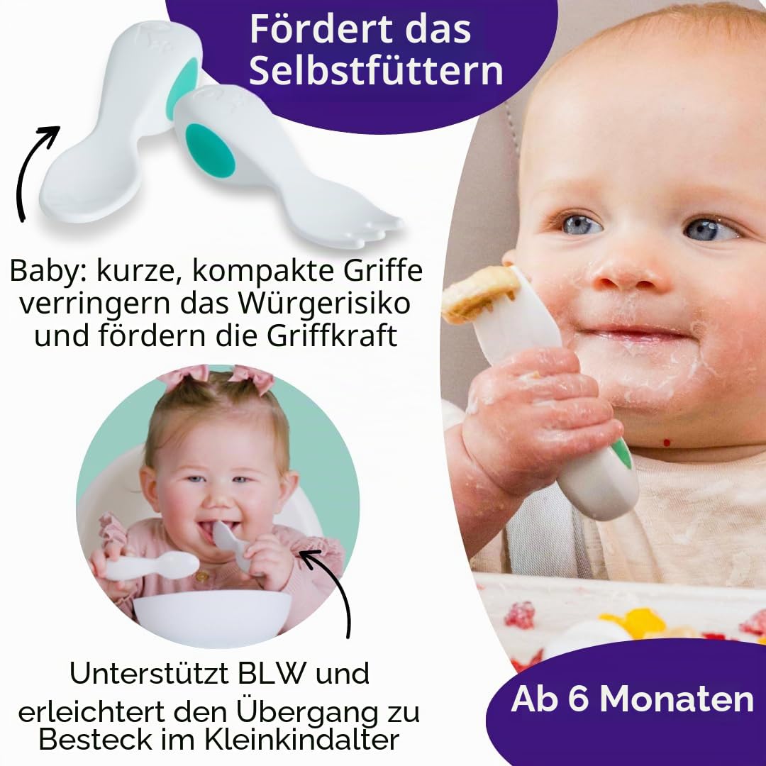 doddl Babybesteck-Set (6–12 Monate) – Löffel und Gabel für die Entwöhnung, BLW Selbstfütterung – Griffige Griffe und sicheres kurzes Design Fresh Green
