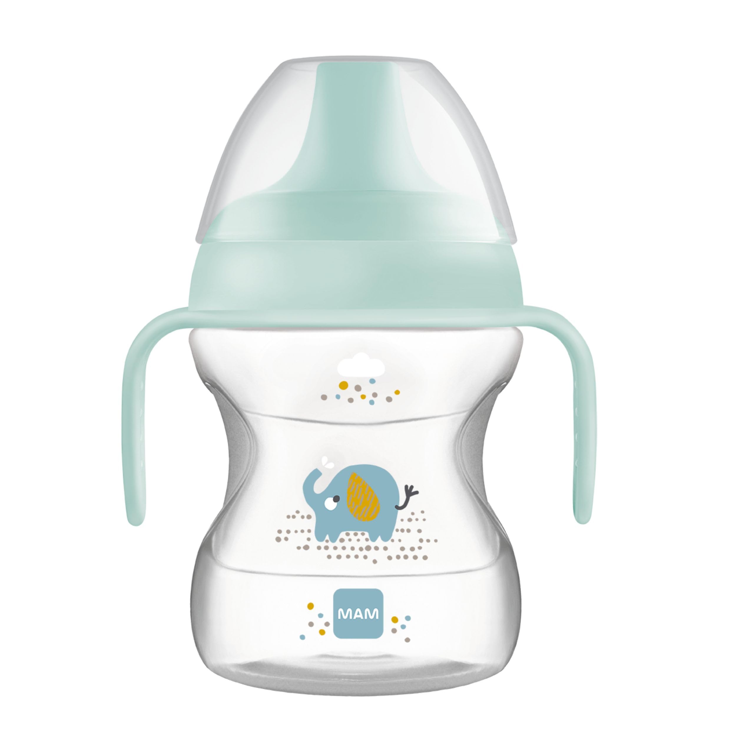 MAM Learn to Drink Cup Tazza bambini 190 ml, Biberon acqua e latte per neonati 6+ mesi con beccuccio anti-goccia e valvola per flusso libero, Borraccia neonato con pratici manici antiscivolo, Azzurro