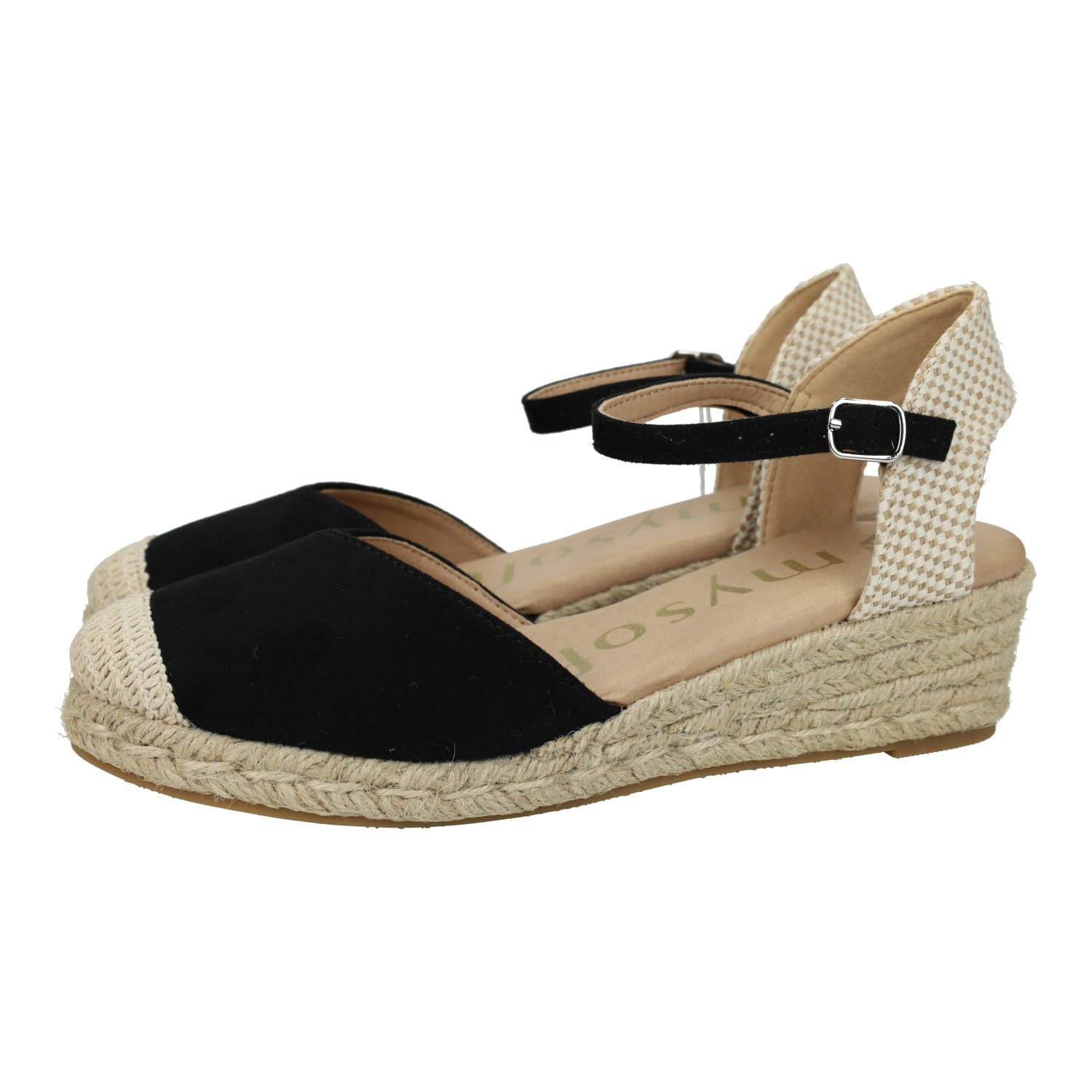 25M102 Esparteñas de Mujer en Color Negro, con Plantilla de Gel. Alpargatas con cuña de 4.5cm, Cierre de Hebilla, Calzado Vegano ecofriendly Mujer Alpargatas