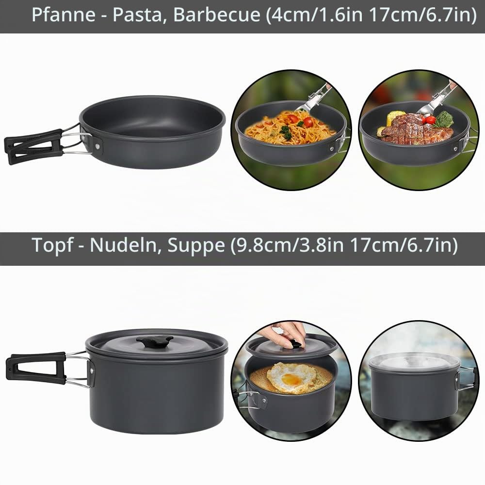 Lixada Camping Kochgeschirr Set Leichte Camping Topf Aluminium Pan Kettle Cups Löffel Gabel Cutter für Picknick Wandern Kochen Camping 2-3 Personen