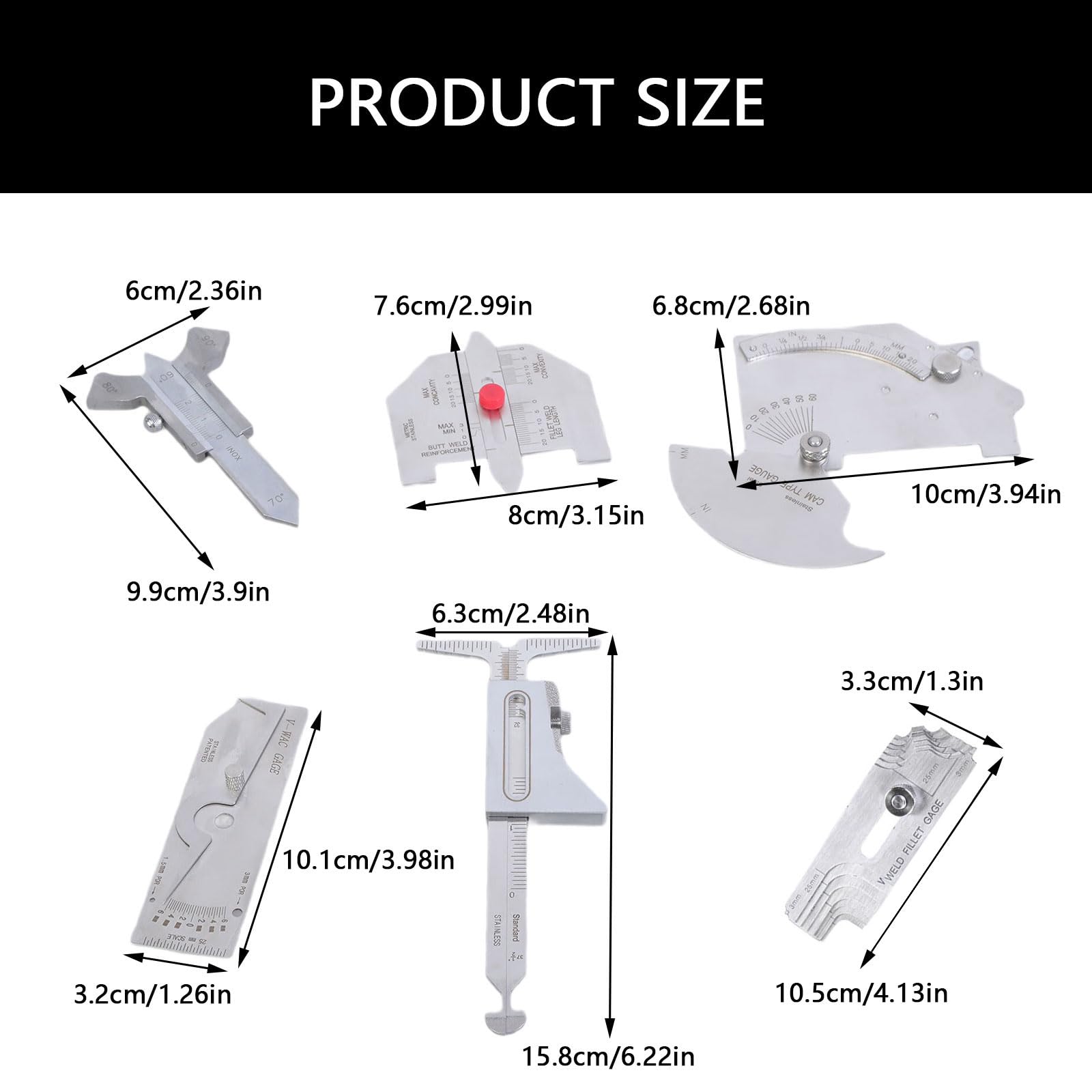 Lot de 6 jauges de soudage en acier - Mesure précise de la soudure - Pour des contrôles de qualité de soudage professionnels