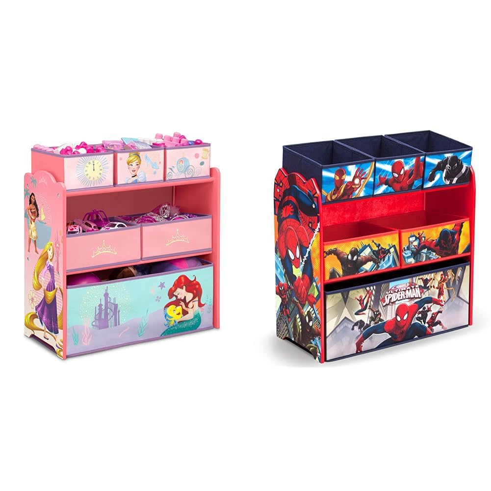 Delta Children Design & Store 6 Bin Toy Storage Organizer, Disney Princess & Multi-Bin Toy Organizer, Marvel Spider-Man