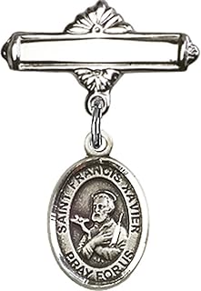 Sterling Silver Baby Badge with St. Francis Xavier Charm and Polished Badge Pin 1 X 5/8 inches