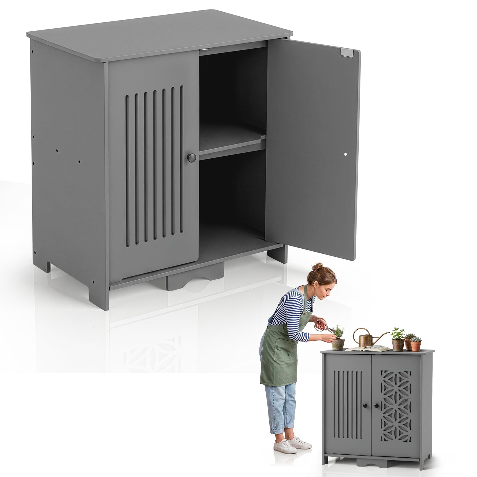 Gartenschrank wetterfest Outdoor, 69 x 43,5 x 73 cm, Hochwertiges PVC-Material, Leicht zu pflegen und zu reinigen, Geeignet für den Innen- und Außenbereich, Grau