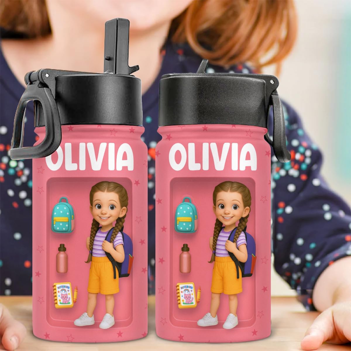 Wrappiness Custom Kids Water Bottle - Personalized Back To School Gift for Kids, Custom AI Photo 12 Oz Stainless Steel Bottle with Straw