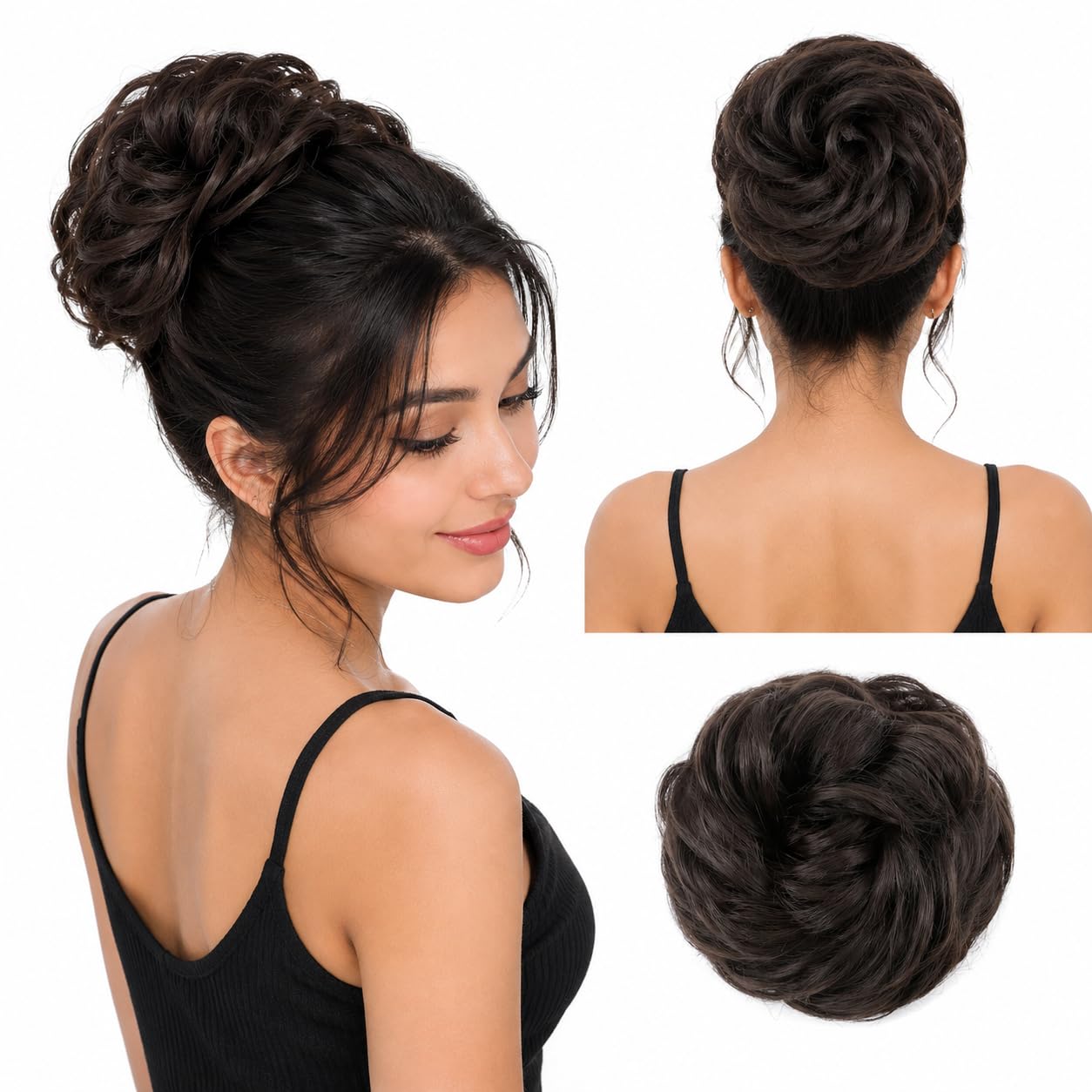 Sheetal Traders Hair Bun Extensions Wavy Curly Dish Donut Ponytail Scrunchie With Elastic Rubber Band Updo Extensions Hairpiece Accessories (Dark Brown)-picture-46