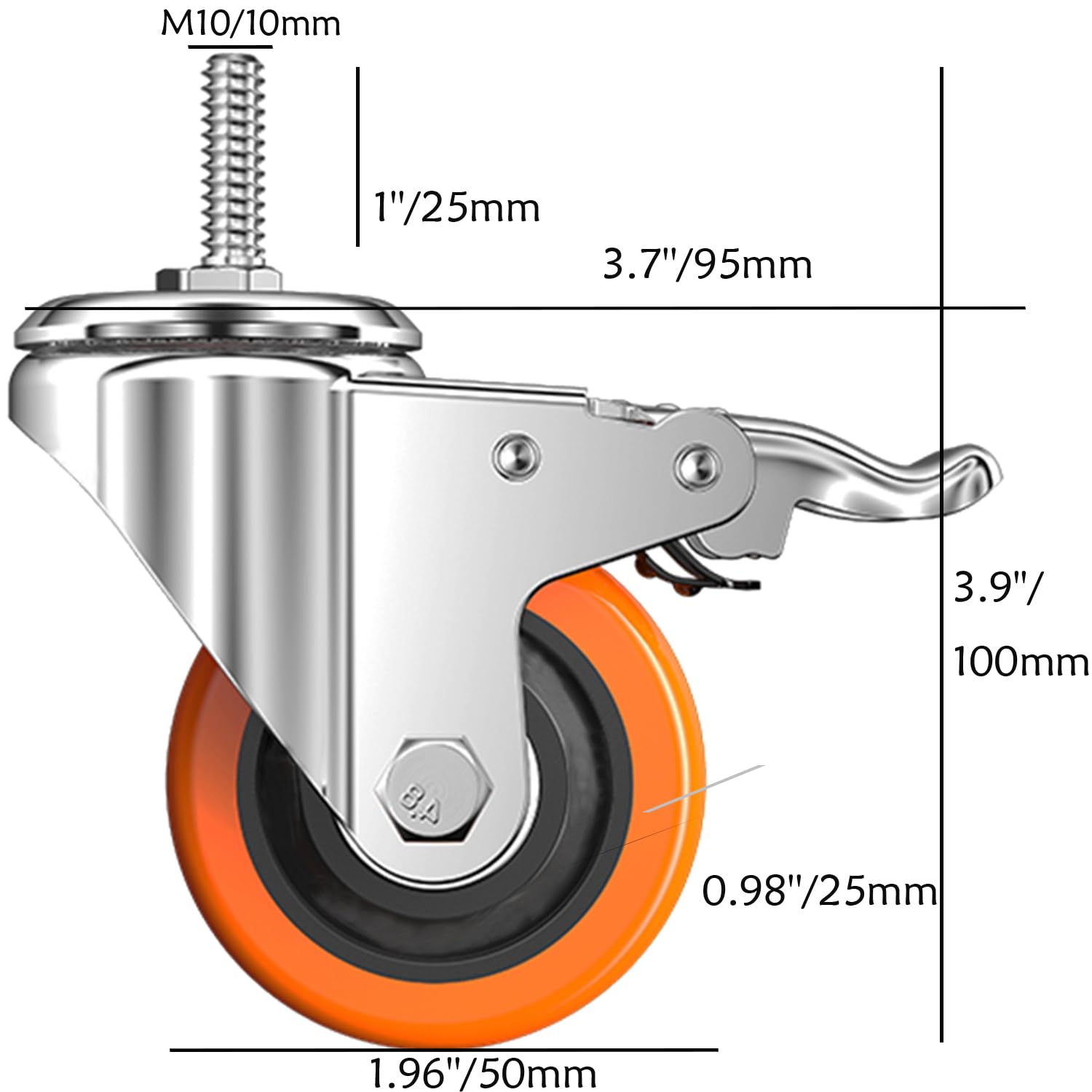 Lenkrollen aus PVC, M8-3,2 x 2,5 cm (Schaftdurchmesser 8 mm, Schaftlänge: 2,5 cm), Rollen mit Bremse, Doppelverriegelung für Zuhause, Büro, Industrie (5,1 cm, mit Bremse)