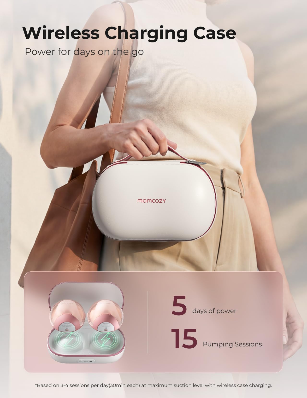 Momcozy Air 1 Sacaleches Ultra Fino, 180 ml Extractor De Leche Materna Manos Libres Con Estuche De Carga Inalámbrica, Control Por App, Modo Automático, Alerta De Depósito Lleno