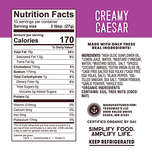 Tessemae's Organic Creamy Caesar Dressing, Whole30 Certified, Keto Friendly, Usda Organic, 10 Fl Oz. Bottles (4-Pack) #TOP5