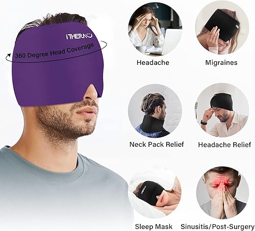 Miniatura 6 de iTHERAU - Gorro de alivio de migraña, envoltura de cabeza de hielo para migraña, sombrero de hielo para dolor de cabeza, terapia de frío, máscara de