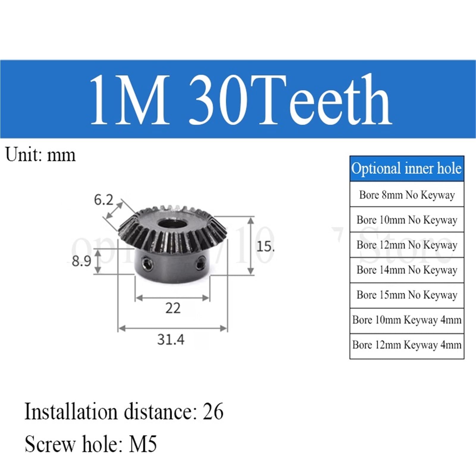 Engranaje cónico recto de acero, Engranaje cónico 1:1 1M 20/25/30 dientes 45 acero ángulo de 90 grados orificio for tornillo M5(Bore 8mm Keyway 3mm,1M 20 Teeth)