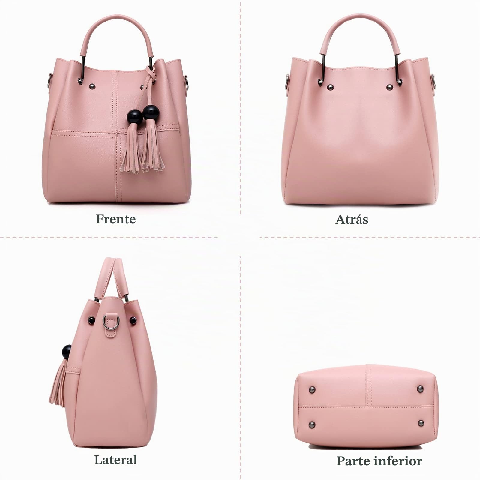 FANDARE Moda Bandolera de Cubo 3pcs Set Bolsos Totes para Mujer Impermeable Shoppers y Bolsos de Hombro Bolsos con Flecos Bolso PU Cuero Bolso Bandolera con Cadena para Viajes Compras Trabajo Rojo