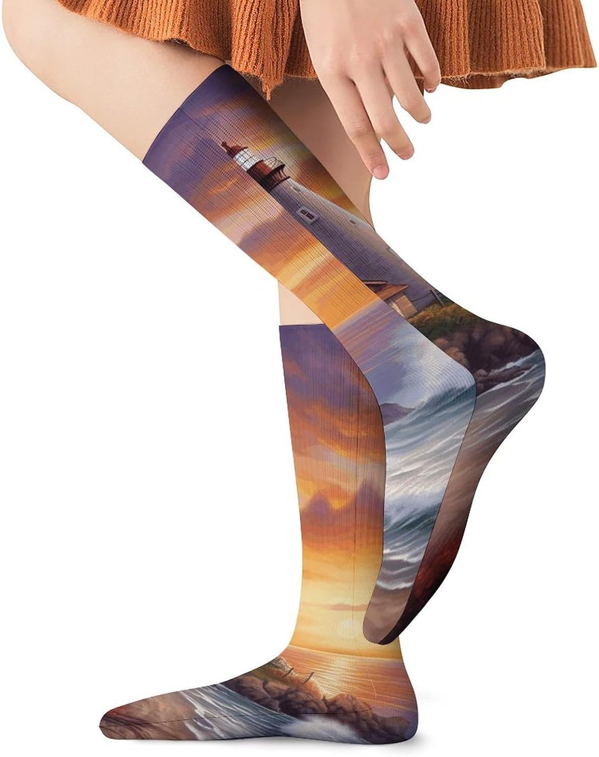 Breathable Crew Sock, Moisture Wicking, Athletic Calf Socks, Cozy | Lighthouse at Sunset Compression Socks for Women Men, Lightweight High Work Socks for Business, Casual