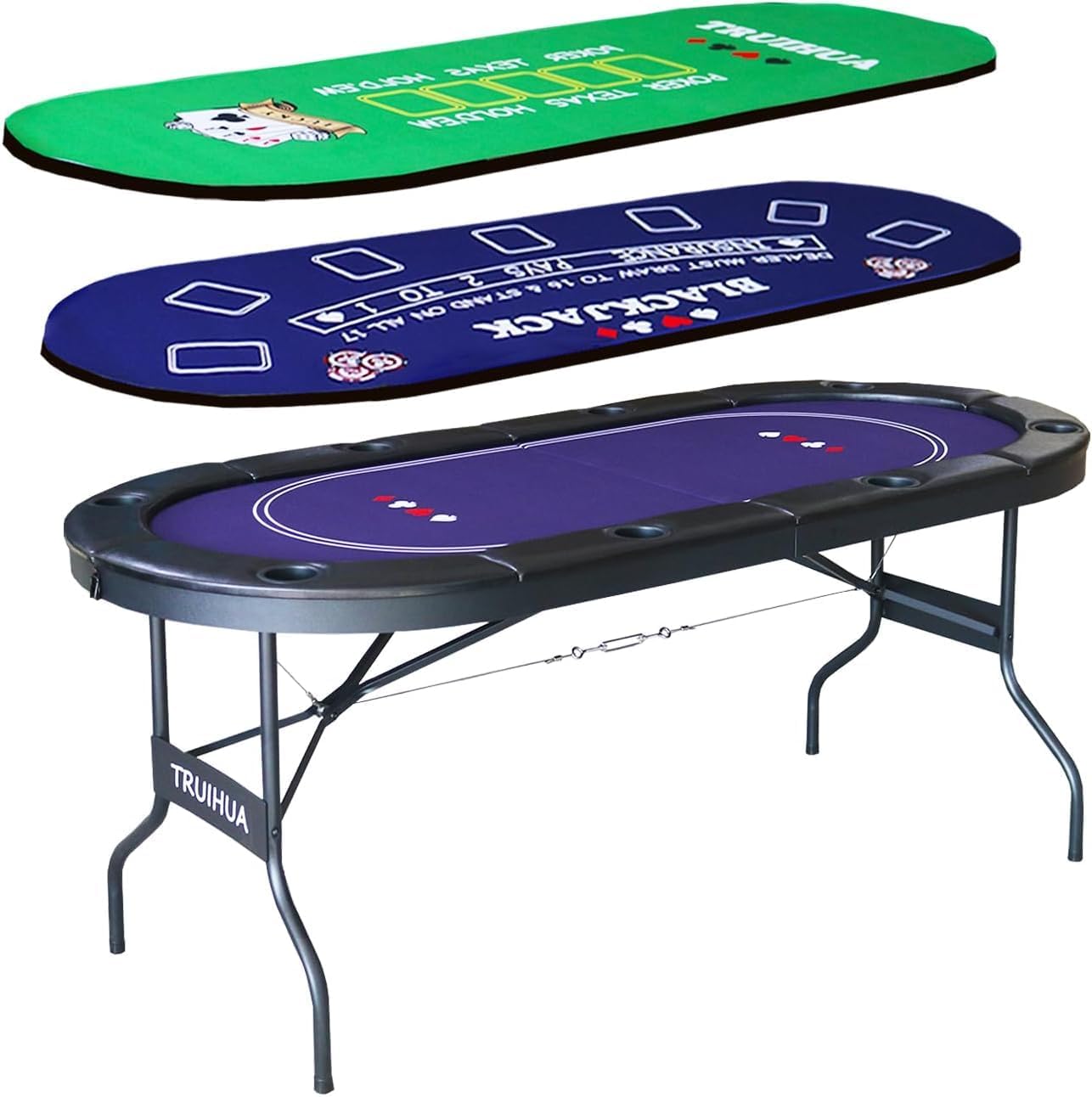 8 Player Folding Poker Table with 2 Interchangeable Game mats, Texas Holdem Poker and Blackjack, Collapsible Casino Table with Padded Rails and XXL Cup Holders for Wine and Whiskey Glasses (71 inch)