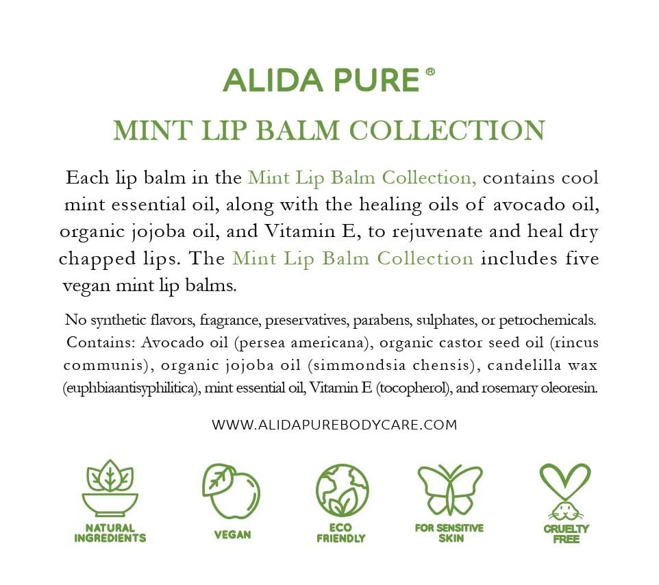 Mint Lip Balm Collection, Vegan Set, Beeswax Free, with Organic Jojoba and Avocado Oil, Vitamin E, Natural Moisturizer for Dry, Chapped Lips, 5 Tube Set