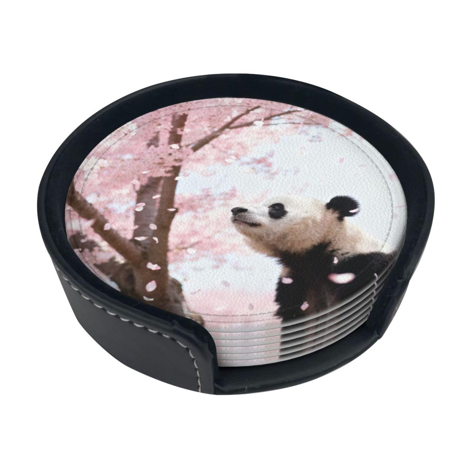Cntdbu White Panda Cherry Blossom Leather Coasters Set Of 6-Pu Leather Drink Mats For Table, Heat Resistant Round Coasters With Holder