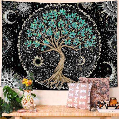 Rexful Tree of Life Tapestry Green Wall Art for Bedroom Spiritual Aesthetic Sun and Moon Tapestries Wall Hanging Decor (48''×36'')