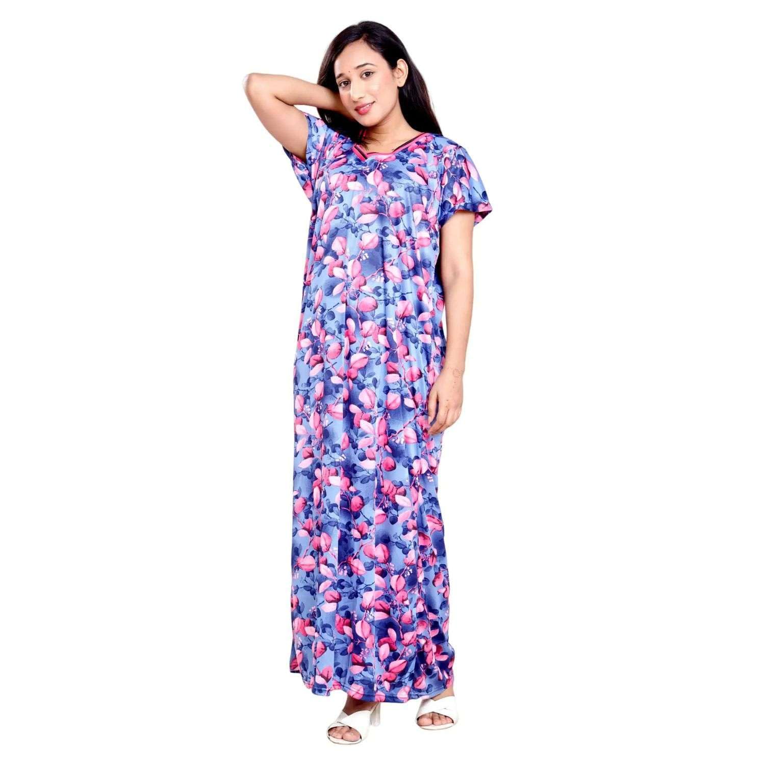 Women's Satin Nighty | Soft & Smooth Full-Length Nightgown | Relaxed Fit with Adjustable Waist Tie | Floral Print Sleepwear-image-27