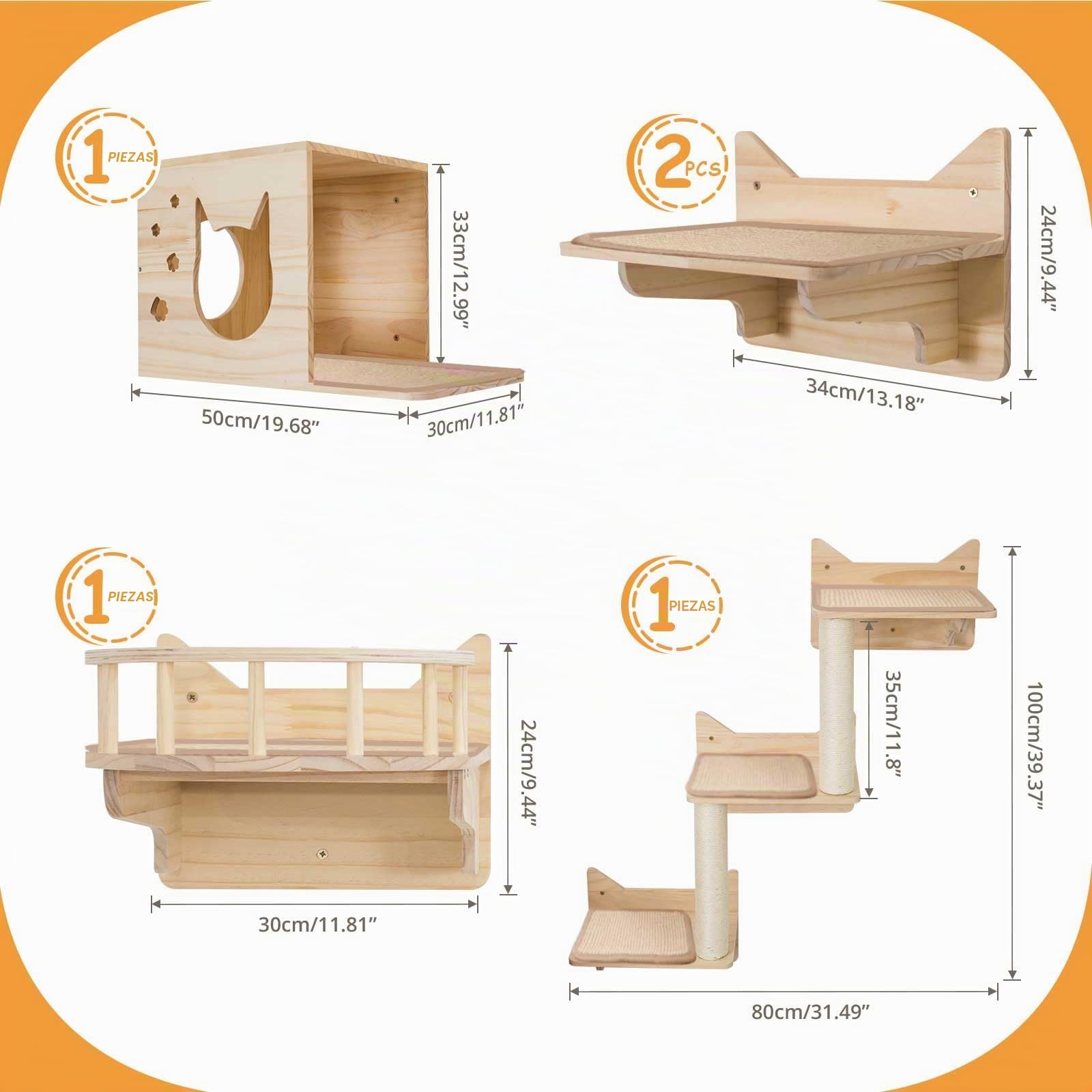 Estanterías para Gatos Montadas en la Pared - Set de 9 Piezas con Casa, Torre, Rascadores de Sisal, Madera de Pino Ancha para Gatos Grandes, 7 Alfombrillas de sisal, Plataforma para Gatos