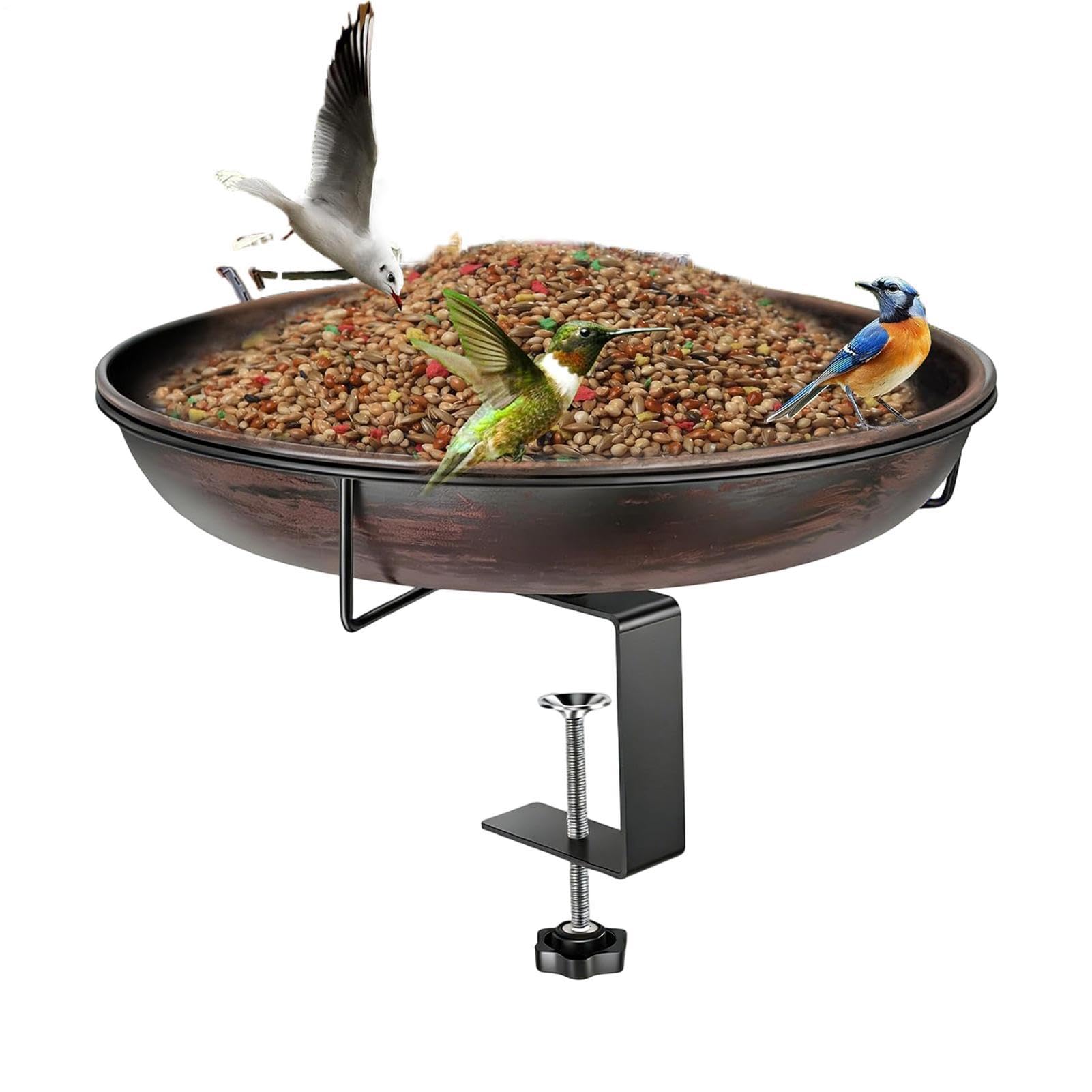 Baño para Pájaros con alimentador de metal con abrazadera ajustable | Bebedero para Aves para Barandilla de Balcón para Exterior, Patio, Terraza, Valla, Porche, Jardín