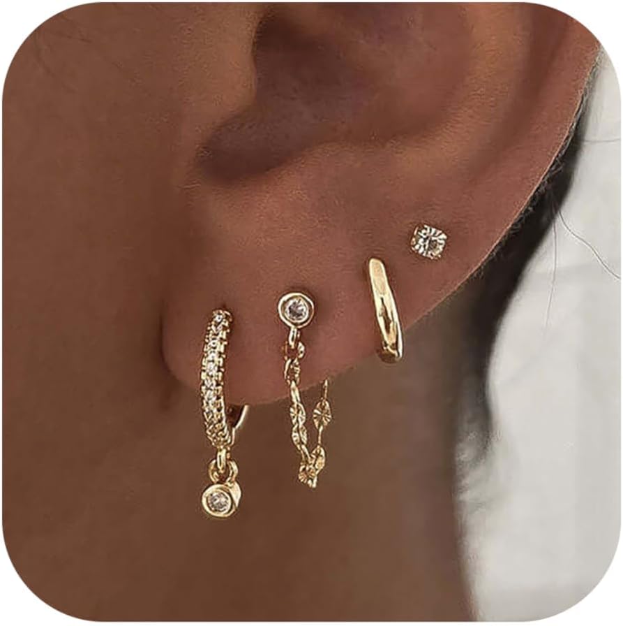 Gold Earrings for Women, 14k Gold Plated CZ Chain Earring Stacks Dainty Gold Hoop Earrings Set Hypoallergenic Huggie Earrings for Women Trendy Fashion Non Tarnish Jewelry Set for Womens